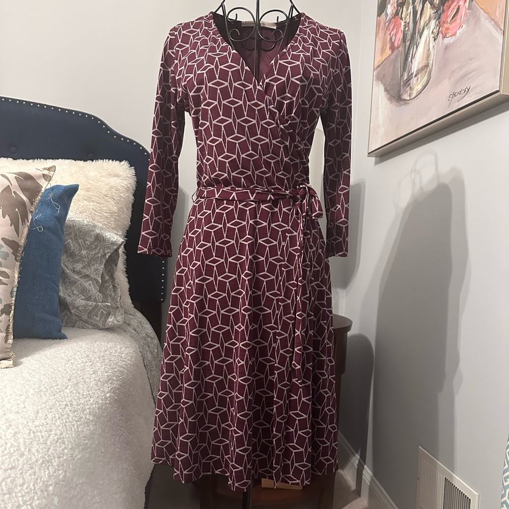 41 Hawthorn Burgundy Geometric 3/4 Length Sleeve Faux Wrap Dress